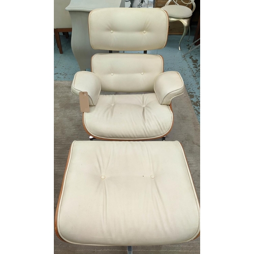 479 - AFTER CHARLES & RAY EAMES STYLE LOUNGE CHAIR AND OTTOMAN, 77cm W, cream leatherette footstool. (2)