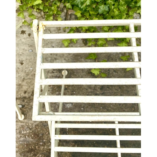 499 - GARDEN ETAGERES, a pair, 63cm H x 62cm W x 60cm D, three tier, white painted metal. (2)