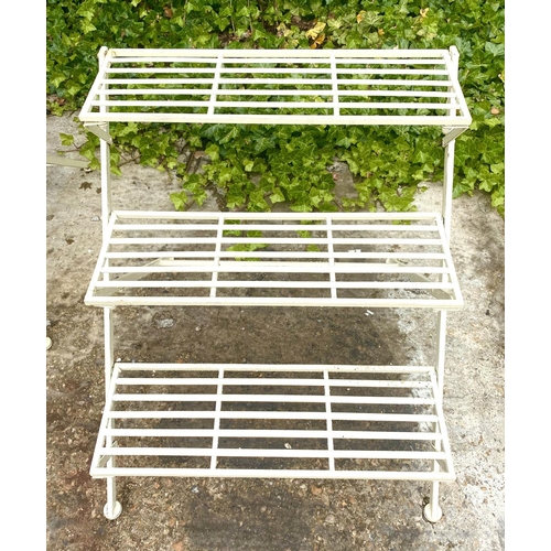 499 - GARDEN ETAGERES, a pair, 63cm H x 62cm W x 60cm D, three tier, white painted metal. (2)