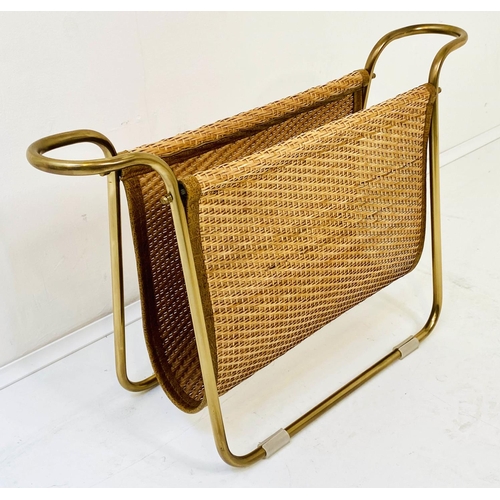 505 - READING RACK, 39cm high, 64cm wide, 20cm deep, rattan and gilt metal, 1950s Italian style.