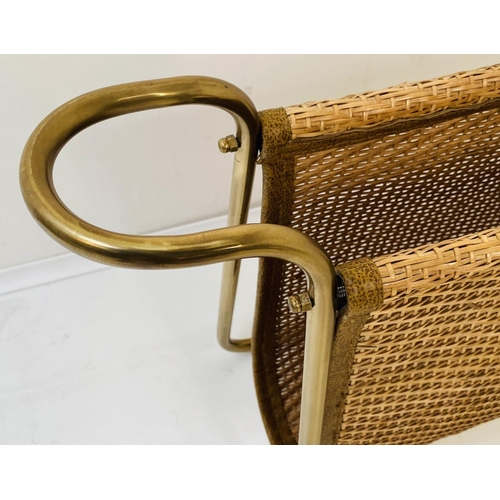 505 - READING RACK, 39cm high, 64cm wide, 20cm deep, rattan and gilt metal, 1950s Italian style.