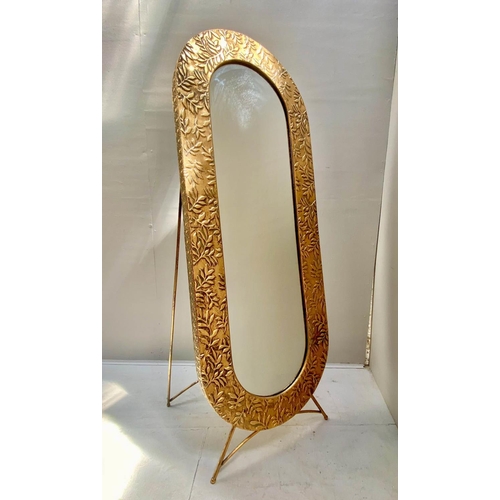 512 - DRESSING MIRROR, 155cm high, 56cm wide, gilt metal frame, free standing design.