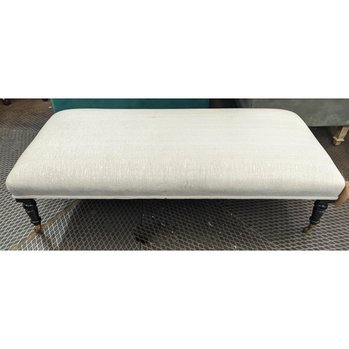 525 - HEARTH STOOL, 145cm x 66cm x 46cm H, in a sparkling fabric upholstery on turned supports.