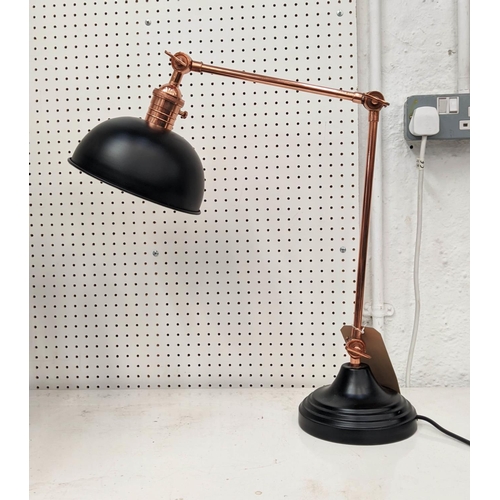 531 - DESK LAMP, 70cm at tallest, adjustable design, coppered and black painted metal.