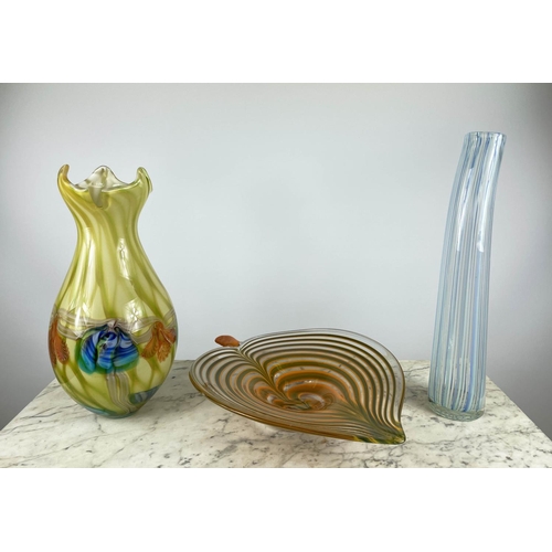 7 - MURANO 1960'S CENTREPIECE IN THE FORM OF A LEAF, yellow and green, a Murano vase elongated and a Mur... 