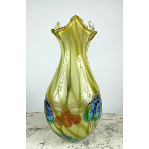 7 - MURANO 1960'S CENTREPIECE IN THE FORM OF A LEAF, yellow and green, a Murano vase elongated and a Mur... 