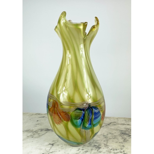 7 - MURANO 1960'S CENTREPIECE IN THE FORM OF A LEAF, yellow and green, a Murano vase elongated and a Mur... 