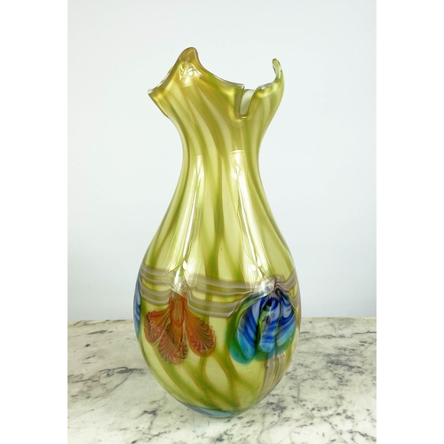 7 - MURANO 1960'S CENTREPIECE IN THE FORM OF A LEAF, yellow and green, a Murano vase elongated and a Mur... 