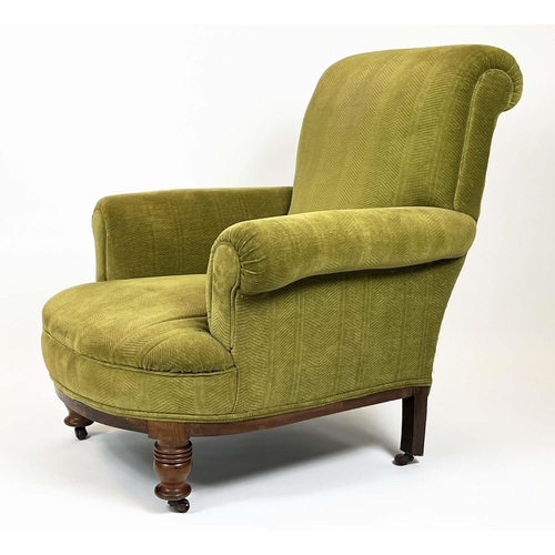 81 - ARMCHAIR, Victorian Howard Style, upholstered in Osborne and Little moss green velvet with turned fr... 