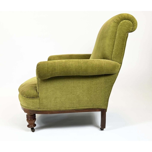 81 - ARMCHAIR, Victorian Howard Style, upholstered in Osborne and Little moss green velvet with turned fr... 