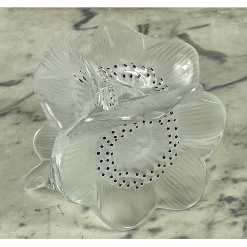 9 - LALIQUE NOGENT CRYSTAL BOWL, a Honfleur Lalique bowl and an Anemone Lalique crystal candlestick. (3)