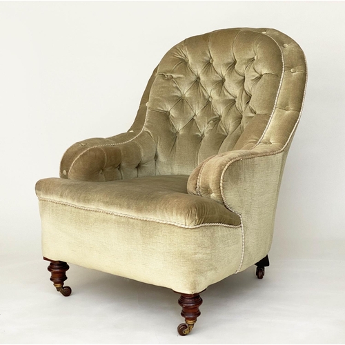 91 - TUB ARMCHAIR, 69cm W, Victorian mahogany, with velvet buttoned upholstery, with scroll arms, on turn... 