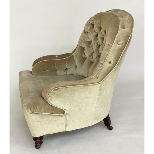 91 - TUB ARMCHAIR, 69cm W, Victorian mahogany, with velvet buttoned upholstery, with scroll arms, on turn... 