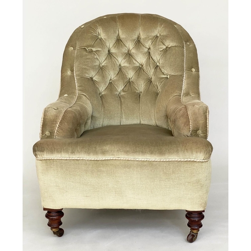 91 - TUB ARMCHAIR, 69cm W, Victorian mahogany, with velvet buttoned upholstery, with scroll arms, on turn... 