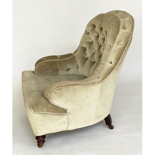 91 - TUB ARMCHAIR, 69cm W, Victorian mahogany, with velvet buttoned upholstery, with scroll arms, on turn... 