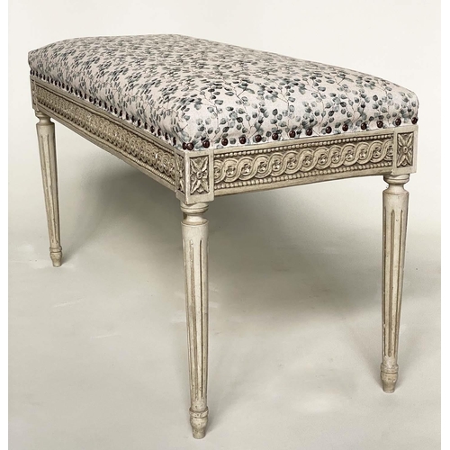 98 - WINDOW SEAT, 96cm W x 42cm D x 54cm H, French Louis XVI style, grey painted, with eucalyptus printed... 