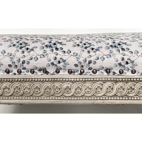 98 - WINDOW SEAT, 96cm W x 42cm D x 54cm H, French Louis XVI style, grey painted, with eucalyptus printed... 