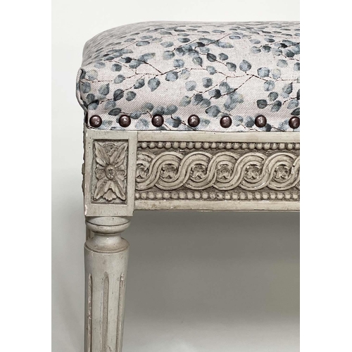 98 - WINDOW SEAT, 96cm W x 42cm D x 54cm H, French Louis XVI style, grey painted, with eucalyptus printed... 