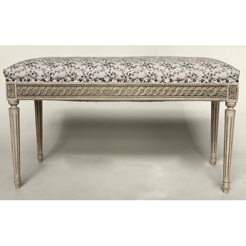 98 - WINDOW SEAT, 96cm W x 42cm D x 54cm H, French Louis XVI style, grey painted, with eucalyptus printed... 