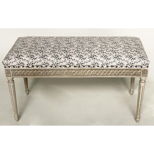 98 - WINDOW SEAT, 96cm W x 42cm D x 54cm H, French Louis XVI style, grey painted, with eucalyptus printed... 