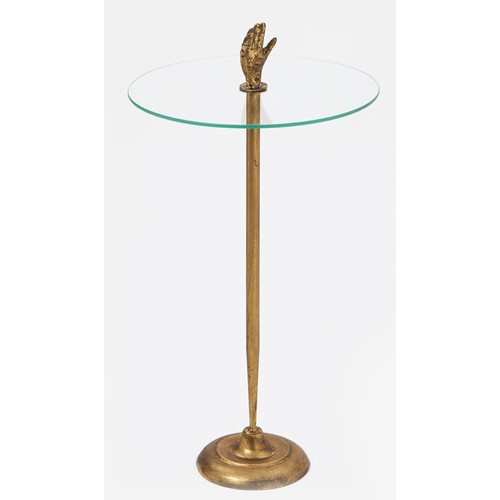 439 - SIDE TABLES, a pair, antiqued gilt metal with hand detail, glass tops (h)75cm x (w)45cm x (d)45cm. (... 