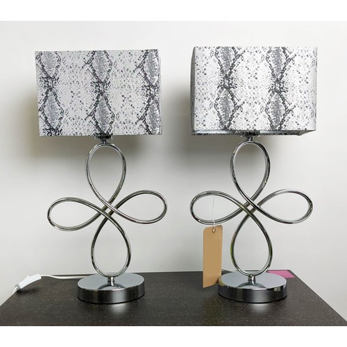 482 - TABLE LAMPS, a pair, polished metal abstract design each 53cm H including shades. (2)