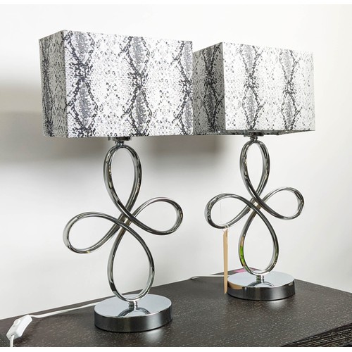 482 - TABLE LAMPS, a pair, polished metal abstract design each 53cm H including shades. (2)