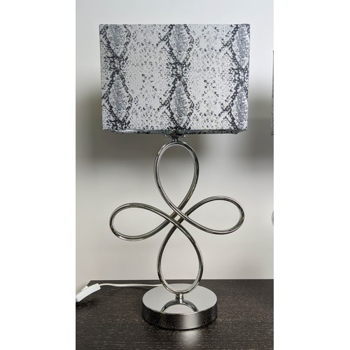 482 - TABLE LAMPS, a pair, polished metal abstract design each 53cm H including shades. (2)