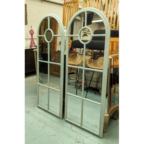 487 - WALL MIRRORS, a pair, each 58cm x 145cm H, blue painted frames. (2)