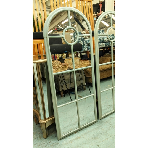 487 - WALL MIRRORS, a pair, each 58cm x 145cm H, blue painted frames. (2)