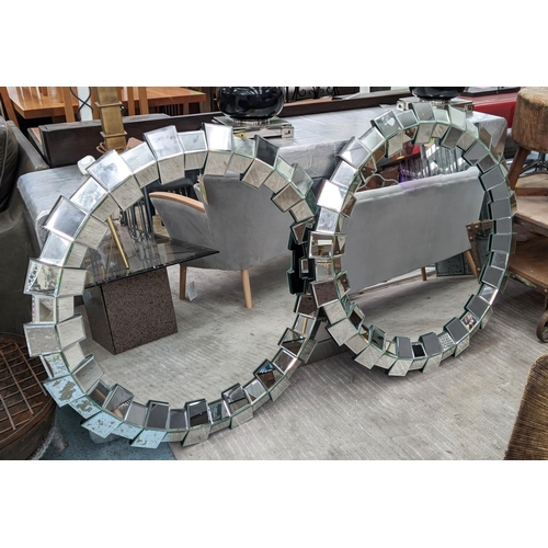 493 - WALL MIRRORS, a pair, 93cm segmented mirrored framed. (2)