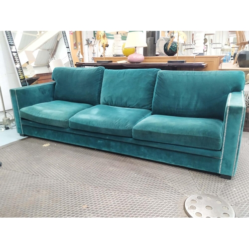 494 - SOFA, 262cm x 77cm H x 95cm, teal upholstery with studded detail.