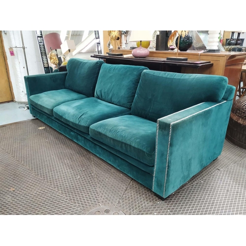 494 - SOFA, 262cm x 77cm H x 95cm, teal upholstery with studded detail.