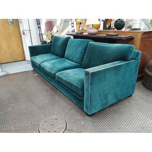 494 - SOFA, 262cm x 77cm H x 95cm, teal upholstery with studded detail.