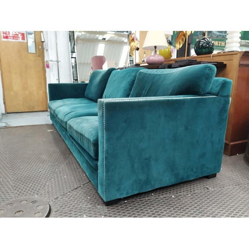 494 - SOFA, 262cm x 77cm H x 95cm, teal upholstery with studded detail.