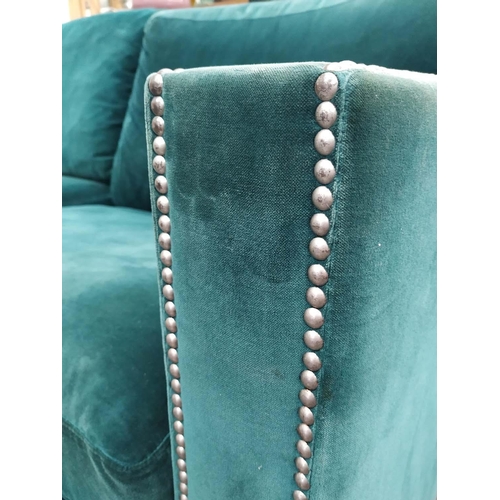 494 - SOFA, 262cm x 77cm H x 95cm, teal upholstery with studded detail.