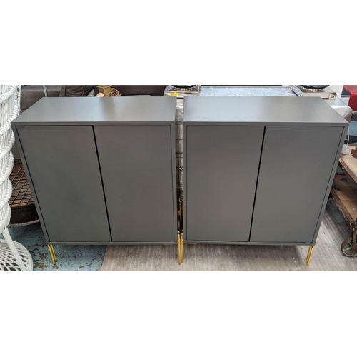 495 - SIDE CABINETS, a pair, 71cm x 88cm H x 35cm, grey finish on gilt metal supports. (2)