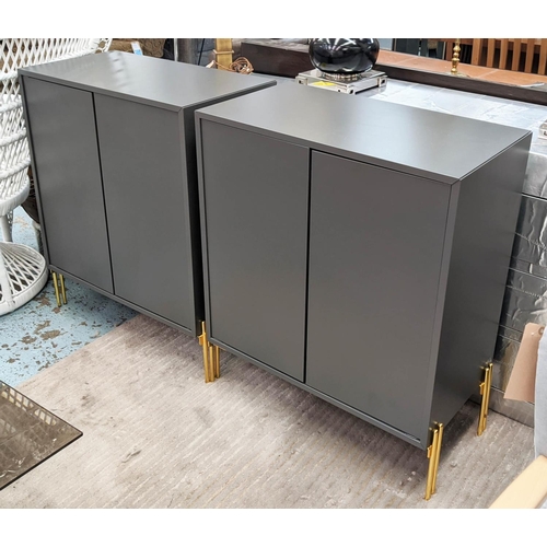 495 - SIDE CABINETS, a pair, 71cm x 88cm H x 35cm, grey finish on gilt metal supports. (2)