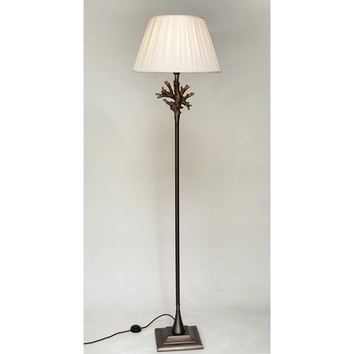 83 - CORAL STANDARD LAMP, Heathfield & Co bronze with twig detail and plated shade, 180cm H.