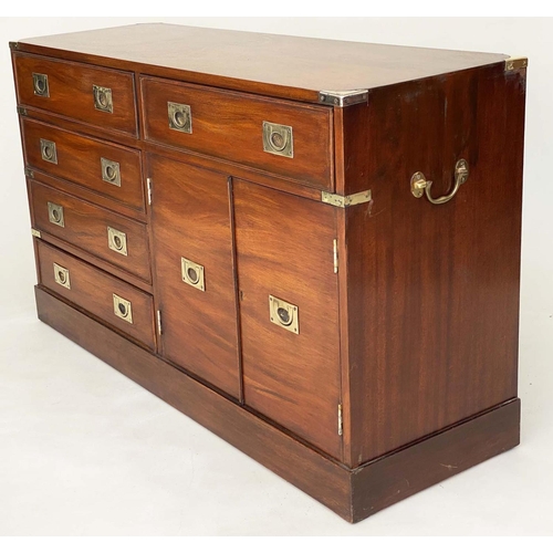 95 - CAMPAIGN STYLE CHEST, 120cm x 39cm D x 58cm H, mahogany and brass bound, with five drawers sand two ... 