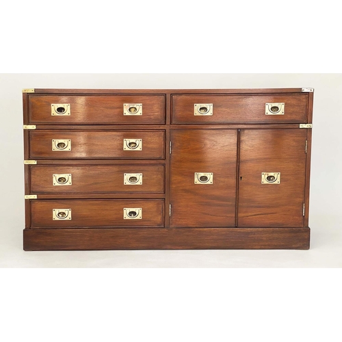 95 - CAMPAIGN STYLE CHEST, 120cm x 39cm D x 58cm H, mahogany and brass bound, with five drawers sand two ... 