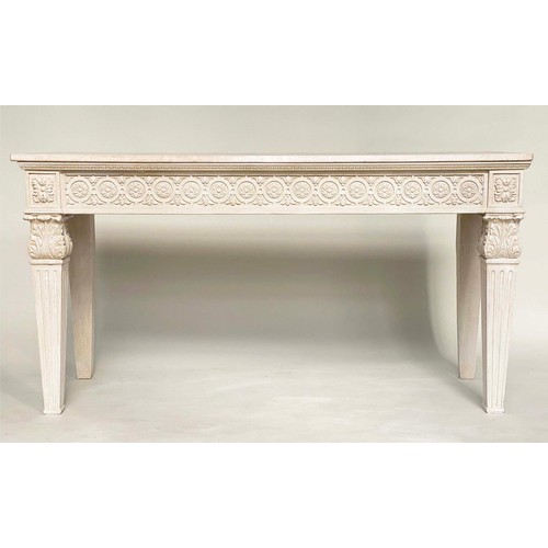 88 - CONSOLE TABLE, 151cm x 51cm D x 80cm H, Italian, grey painted top with carved rosette frieze and , t... 