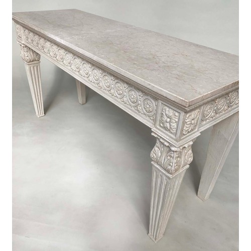 88 - CONSOLE TABLE, 151cm x 51cm D x 80cm H, Italian, grey painted top with carved rosette frieze and , t... 