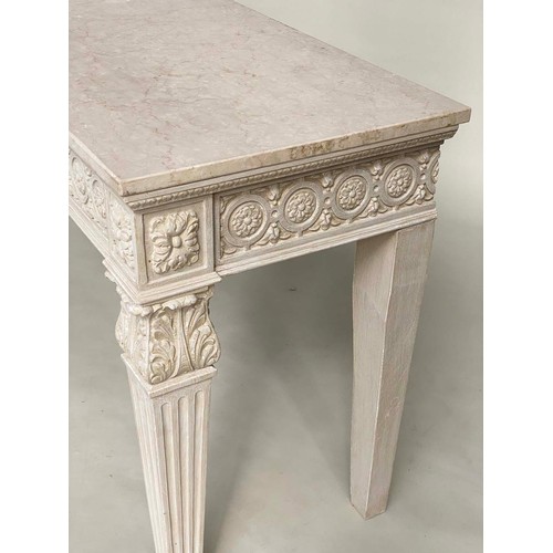 88 - CONSOLE TABLE, 151cm x 51cm D x 80cm H, Italian, grey painted top with carved rosette frieze and , t... 