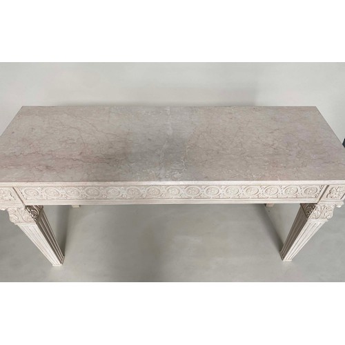 88 - CONSOLE TABLE, 151cm x 51cm D x 80cm H, Italian, grey painted top with carved rosette frieze and , t... 