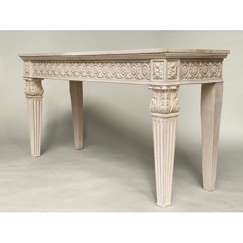 88 - CONSOLE TABLE, 151cm x 51cm D x 80cm H, Italian, grey painted top with carved rosette frieze and , t... 