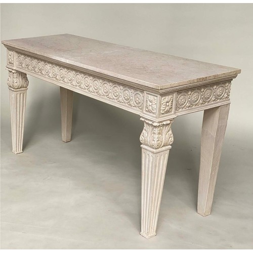 88 - CONSOLE TABLE, 151cm x 51cm D x 80cm H, Italian, grey painted top with carved rosette frieze and , t... 