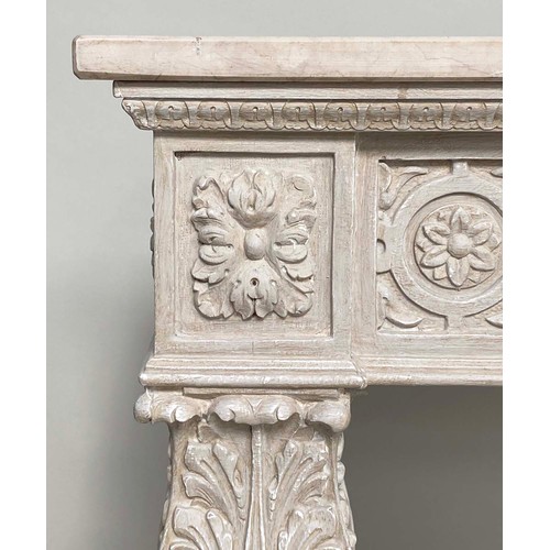 88 - CONSOLE TABLE, 151cm x 51cm D x 80cm H, Italian, grey painted top with carved rosette frieze and , t... 