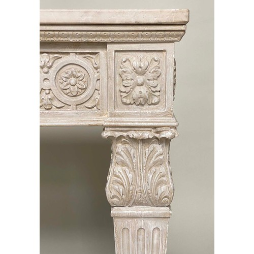 88 - CONSOLE TABLE, 151cm x 51cm D x 80cm H, Italian, grey painted top with carved rosette frieze and , t... 