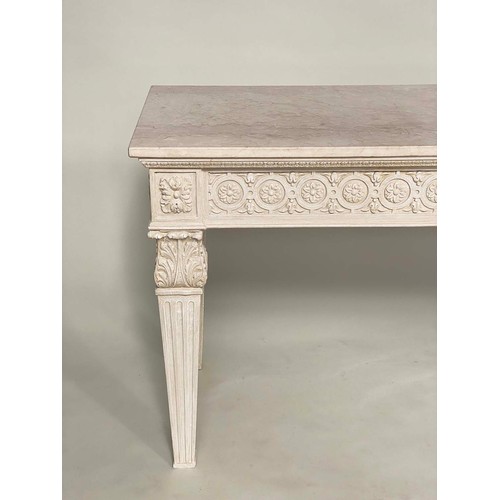 88 - CONSOLE TABLE, 151cm x 51cm D x 80cm H, Italian, grey painted top with carved rosette frieze and , t... 